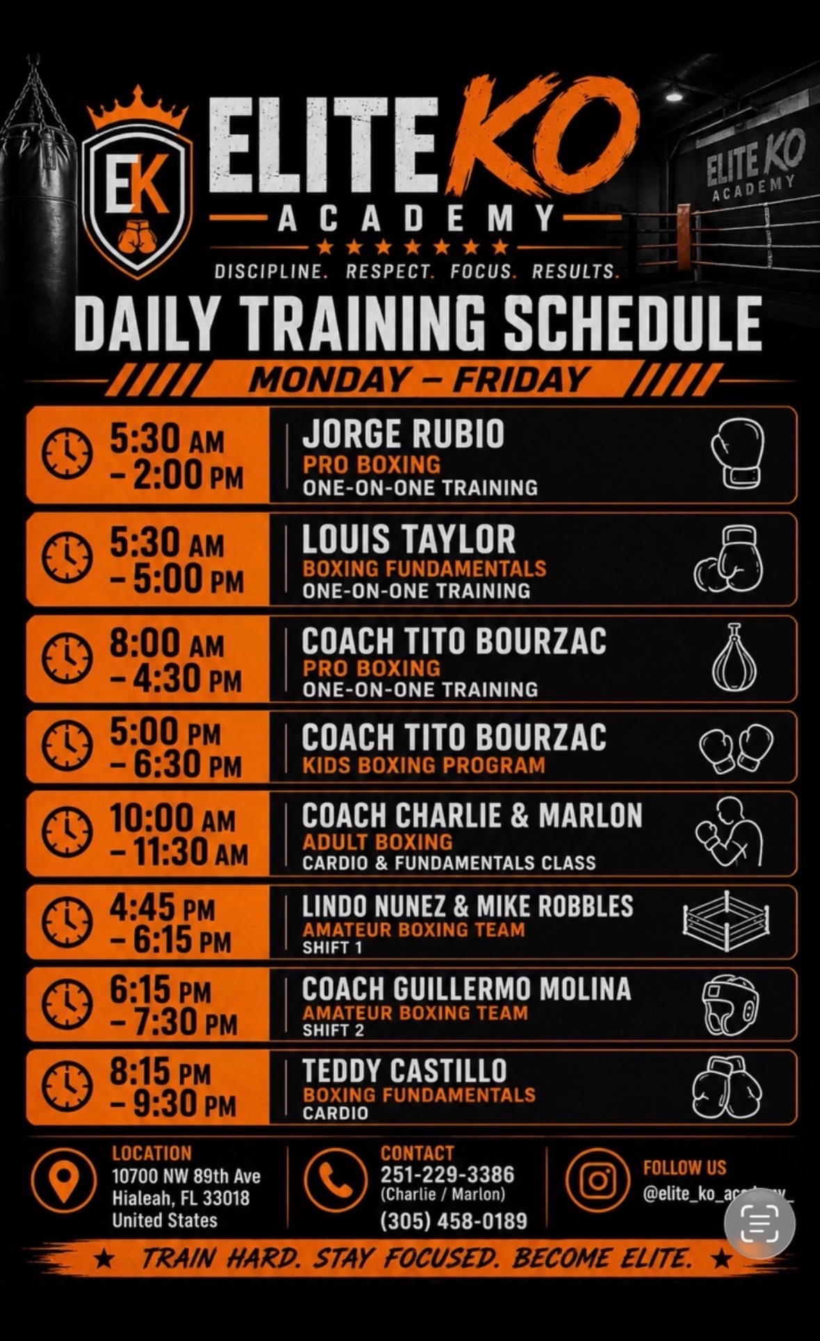 Elite K.O. Academy daily class schedule, posted in the gym